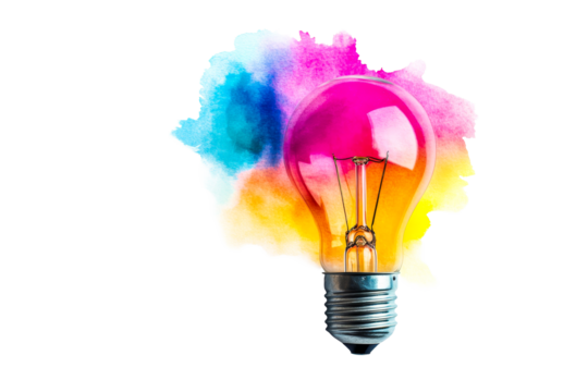 Light bulb idea, colorful watercolor background, cut out transparent