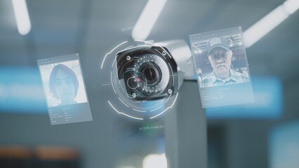 Modern Airport Security System: Close Up of Surveillance Camera with Biometric Facial Recognition...