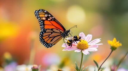 Obraz premium A butterfly and a bee sharing a flower, showcasing the beauty of nature's harmony