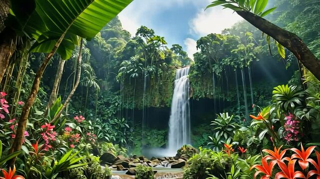 Serene waterfall cascading through lush tropical rainforest paradise landscape