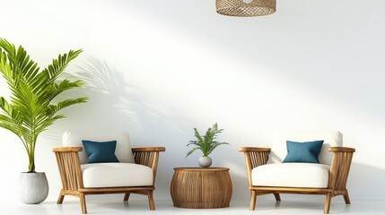 This image showcases a cozy and contemporary living space featuring two armchairs, a round table, and a vibrant plant, perfect for a relaxing atmosphere.