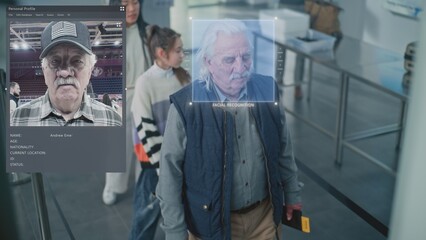 Security Checkpoint: Queue of Diverse Passengers Passing Biometric AI Face Scanning at Border...