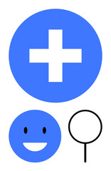 Obraz premium Blue medical cross in circle, smiling face, and magnifying glass outline signify health, happiness, and exploration. Ideal for healthcare, wellbeing, growth, positivity attention search optimism