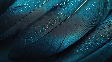 Close-up of vibrant teal feathers with water droplets