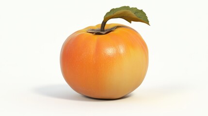 Obraz premium An orange and yellow apple sits on a white background with a single green leaf.