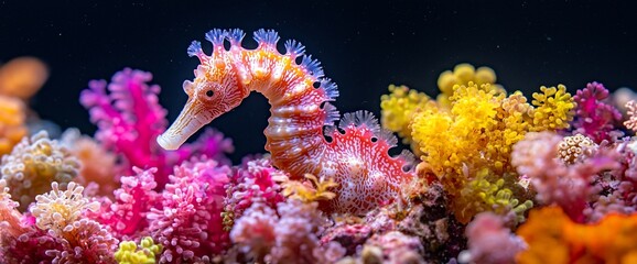 Obraz premium Seahorse in vibrant coral reef, underwater scene