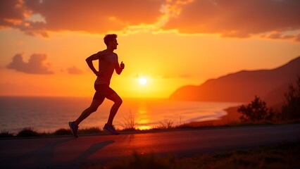 Man Running on Coastal Road at Sunset for Fitness and Wellness