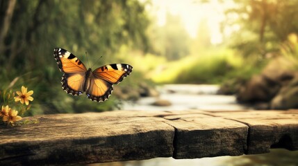 A butterfly flying near an old wooden bridge, with a river flowing gently below.