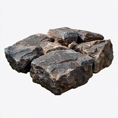 Naklejka premium Pile of rough-hewn, dark grey-brown rocks against white background. Rugged texture and natural form