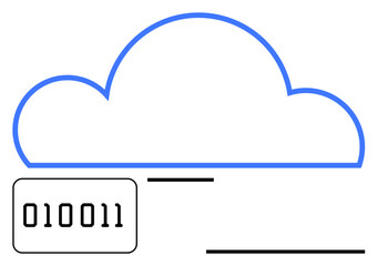 Cloud outline with binary code suggesting data storage, transfer, and cybersecurity. Ideal for IT, digital innovation, cloud computing, networking, AI big data software solutions. Flat simple