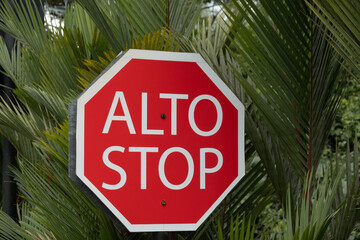 Octagon red stop sign with Spanish text alto