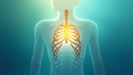 Human Ribcage Illustration: Detailed Anatomical View of Thorax and Spine on a Blue Background