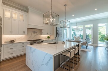 Spacious kitchen with a large island, white marble