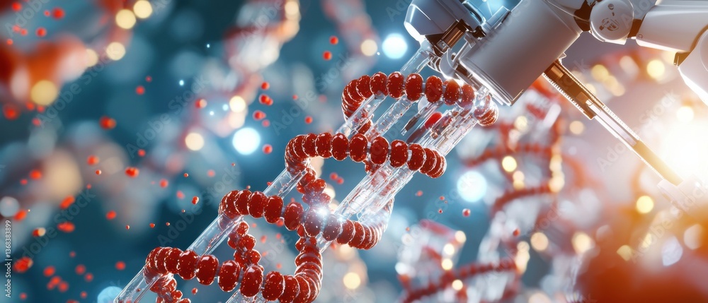 Poster a high-tech dna research laboratory featuring a scientist in a lab coat using a robotic instrument f