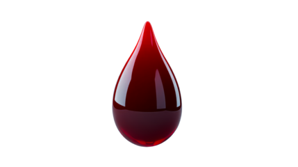 Single red glossy blood drop on black background, cut out transparent