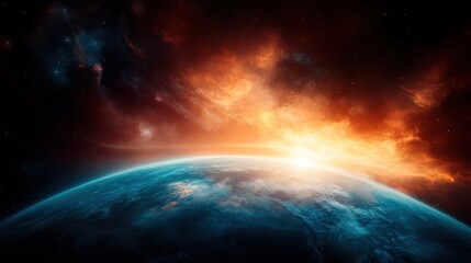 Fototapeta premium This captivating image depicts a cosmic dawn, with fiery clouds igniting the horizon and illuminating the earth below, symbolizing the eternal cycle of day and night in the universe.