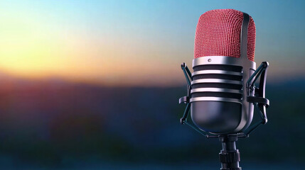 vintage style microphone with red mesh top against blurred sunset background, evoking creativity and nostalgia