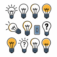 Vector icon sheet of lightbulbs with question marks and switches &ndash; Perfect for decision-making themes, brainstorming content, or innovation graphics.