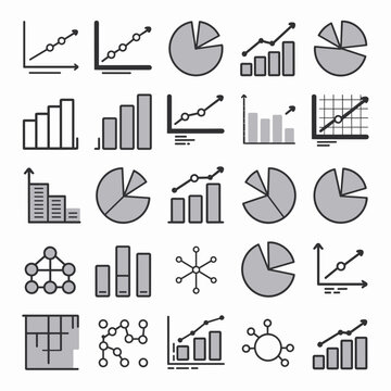 Vector sheet with various graph icons including line graphs, bar graphs, pie charts, and scatter plots on white background