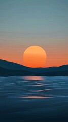 Obraz premium Big sun setting behind mountains reflecting on wavy ocean