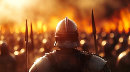Warrior stands ready at dawn before a fierce battle amidst rising flames and an army of soldiers in the background