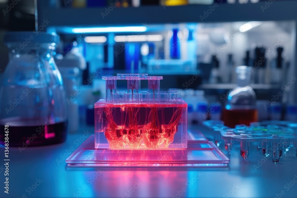 Poster laboratory experiment with glowing samples in a modern research facility