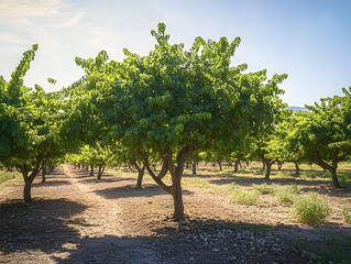 Fototapeta premium Pistachio tree orchard with fresh green pistachios, pistachios farm