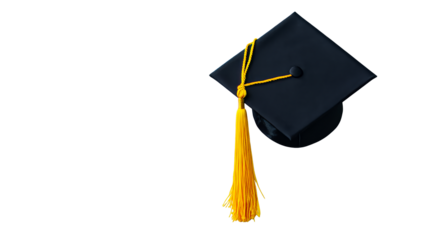 Graduation cap with yellow tassel on black background, cut out transparent