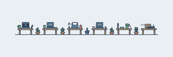 Vector sheet of desk icons featuring desks with laptops, mugs, pens, and plants in a row