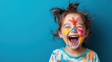 A delighted child adorned with bright paint on their face bursts into laughter, embodying the sheer joy and creativity of childhood exploration and artistic expression.
