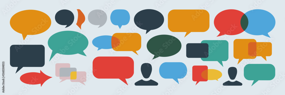 Poster vector icons of speech bubbles with heads and varied text – great for discussions, user feedback, an