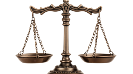 Antique balance scale on black backdrop, symbol of justice, cut out transparent