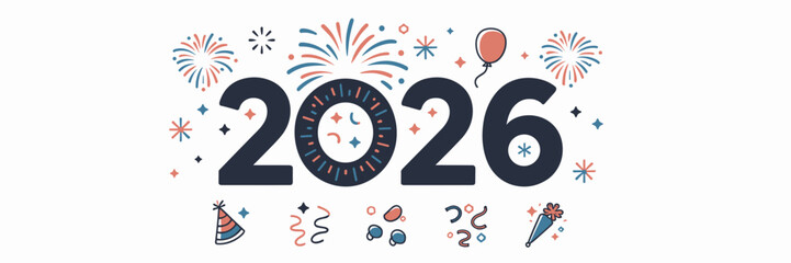 Vector icon sheet featuring "2026" with fireworks &ndash; Great for New Year celebrations, event branding, or festive decorations.