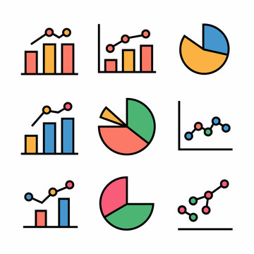 Vector sheet with grid-arranged icons of bar graph, line graph, pie chart, and scatter plot on white background