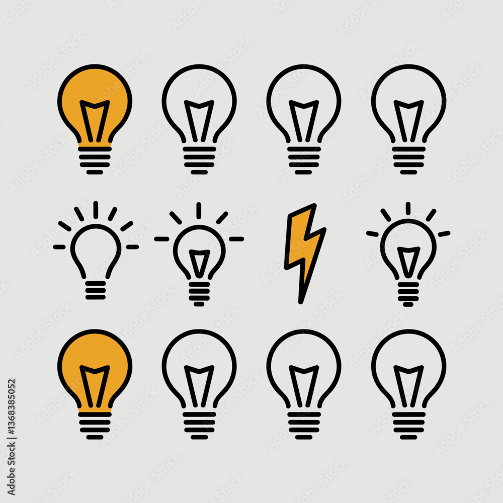 Poster vector icon sheet of lightbulbs with different illumination stages – suitable for electrical themes,