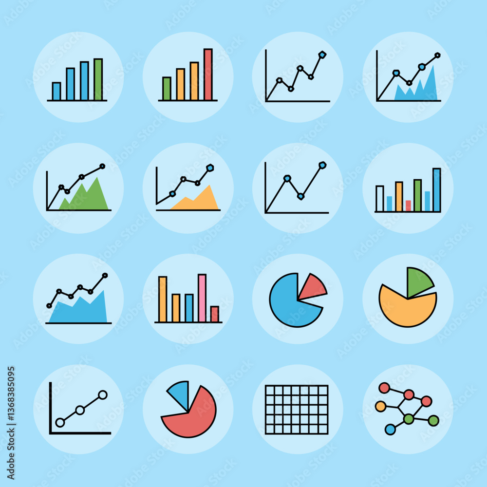 Poster vector illustration of a sheet with circular icons of bar charts, line graphs, pie charts, and scatt