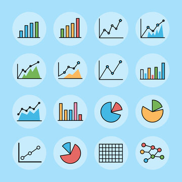 Vector illustration of a sheet with circular icons of bar charts, line graphs, pie charts, and scatter plots on light blue background