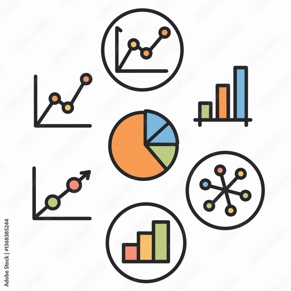 Poster vector icon sheet of various graphs – perfect for data visualization, business analysis, or presenta