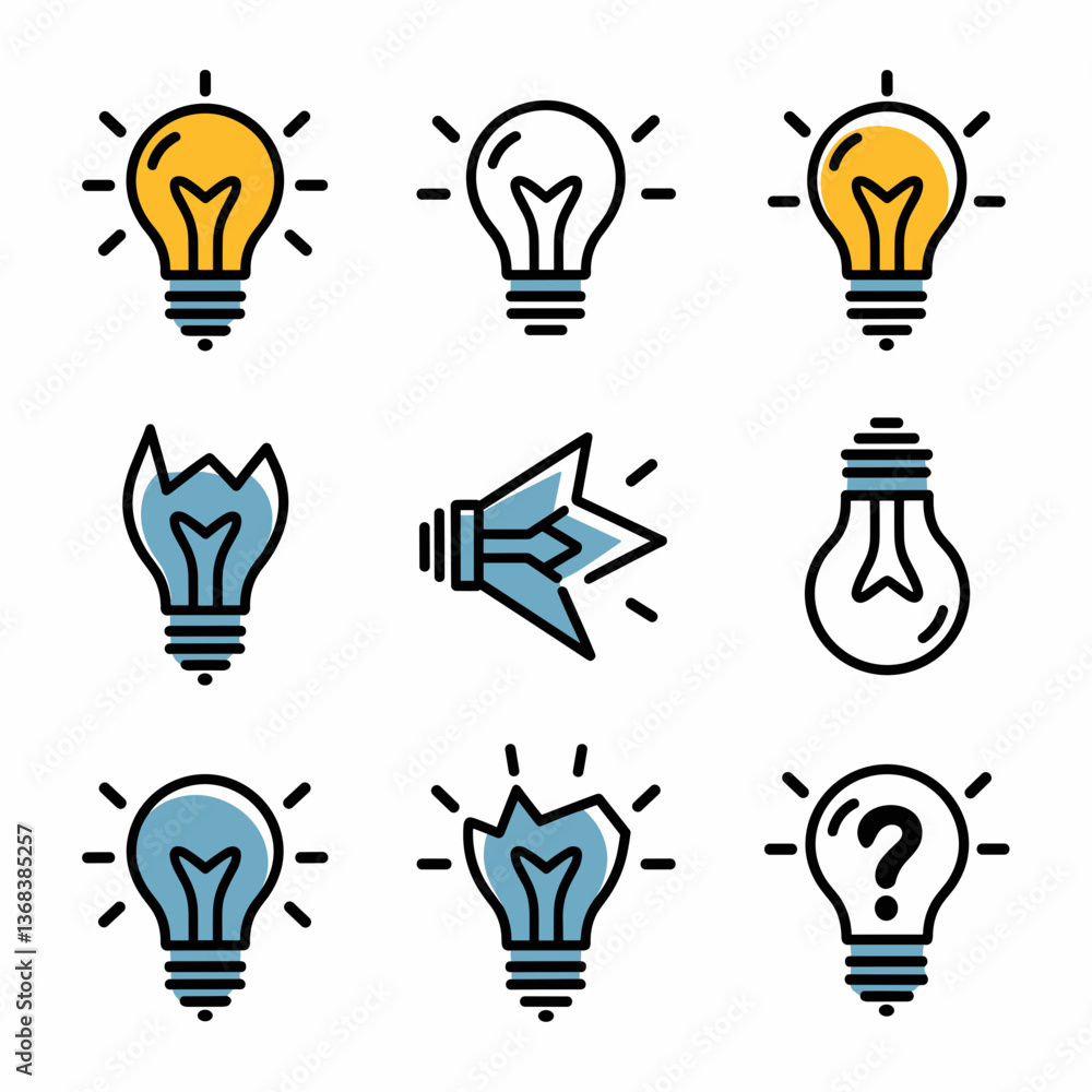 Poster vector icon sheet of lightbulbs with different conditions – suitable for problem-solving, business s