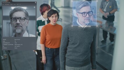 Airport Security Checkpoint: Queue of Multiethnic Passengers Passing Biometric Facial Recognition at Passport Control. Advanced AI Big Data Analyzing Technology. People Screening for Boarding Flight.