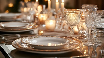 A candlelit dinner setting with elegant glassware reflecting the warm glow.
