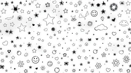 Whimsical Black and White Doodles Stars, Hearts, Smileys, Clouds, and Flowers