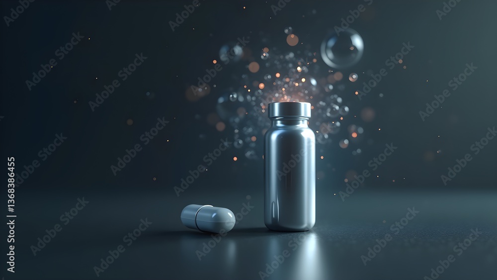 Poster medication in bottle and pill near it, surrounded by bokeh and bubbles on dark background