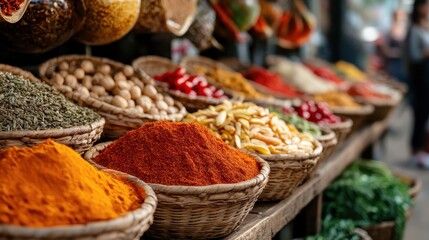 Fototapeta premium A colorful display of spices, nuts, and dried peppers showcases the rich diversity and vibrancy of a local market, inviting exploration and discovery in culinary adventures.