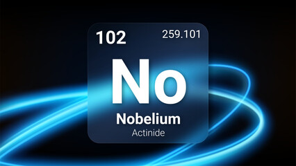 Nobelium (No) (102) Actinide, Glass Morphism Element Futuristic Neon Light Glow Background Periodic Table, Chemical Symbol, Name, Atomic Mass, Atomic Number, Vector Illustration