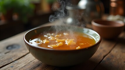 Hot, Steaming Bowl of Soup with Rustic Charm on Wooden Table—Comfort Food and Simple Cuisine