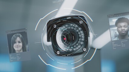 Advanced Airport Security: Close Up of Security Camera with Automatic Facial Recognition Scanning...