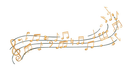 Golden musical notes on black staff watercolor illustration isolated background. Flying sound symbols on waving stave for music branding, educational materials, and concert posters. © Masha_tolk_art