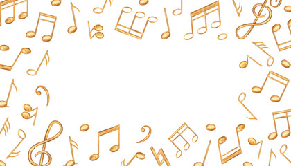 Gold music notes horizonal frame with copy space for text. Golden sound symbols watercolor illustration isolated background. Audio element rectangle border for school design, invitation, greeting card © Masha_tolk_art