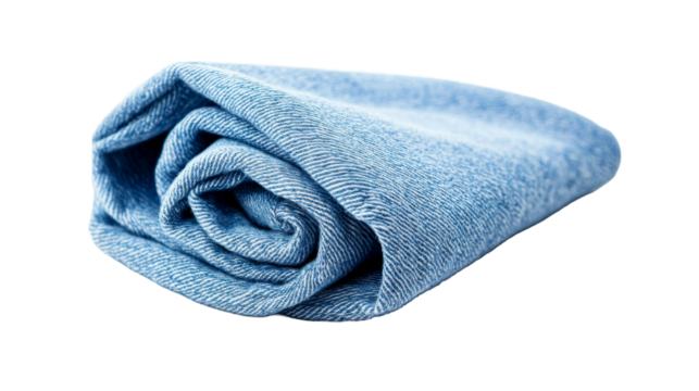 Folded blue textile material background with spiral, cut out transparent